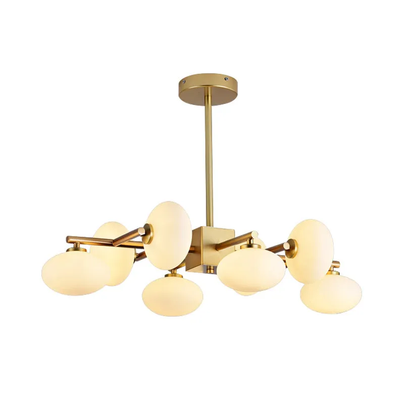 Gold Branched Dinette Chandelier: Light Cream Ovale Glass Suspension Lamp, 8-Bulb Postmodernist Design