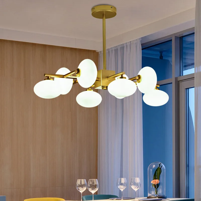 Gold Branched Dinette Chandelier: Light Cream Ovale Glass Suspension Lamp, 8-Bulb Postmodernist Design