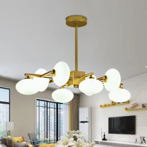 Gold Branched Dinette Chandelier: Light Cream Ovale Glass Suspension Lamp, 8-Bulb Postmodernist Design