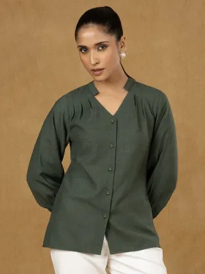 Green Mandarin Collar Pleated Top