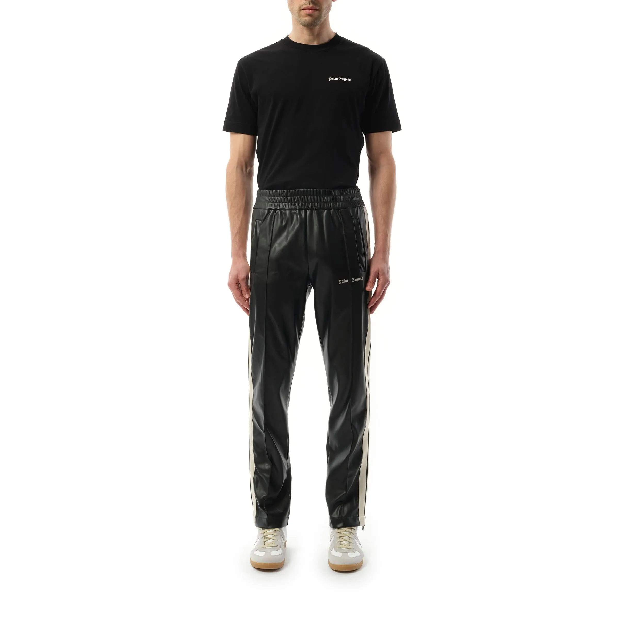 Leather Effect Track Pants in Black/Off White