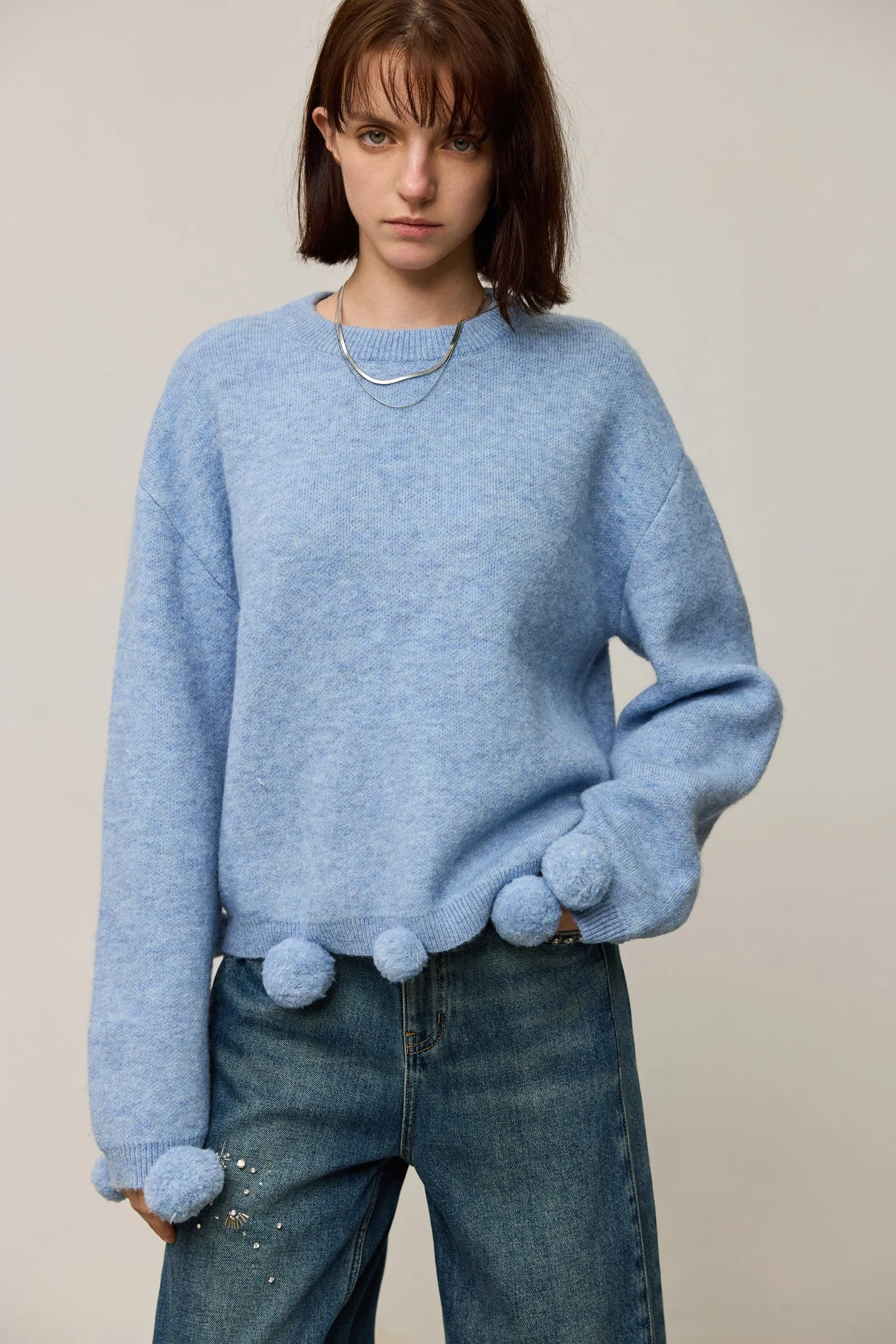 LILY Soft Drop Shoulder Pom-Pom Sweater