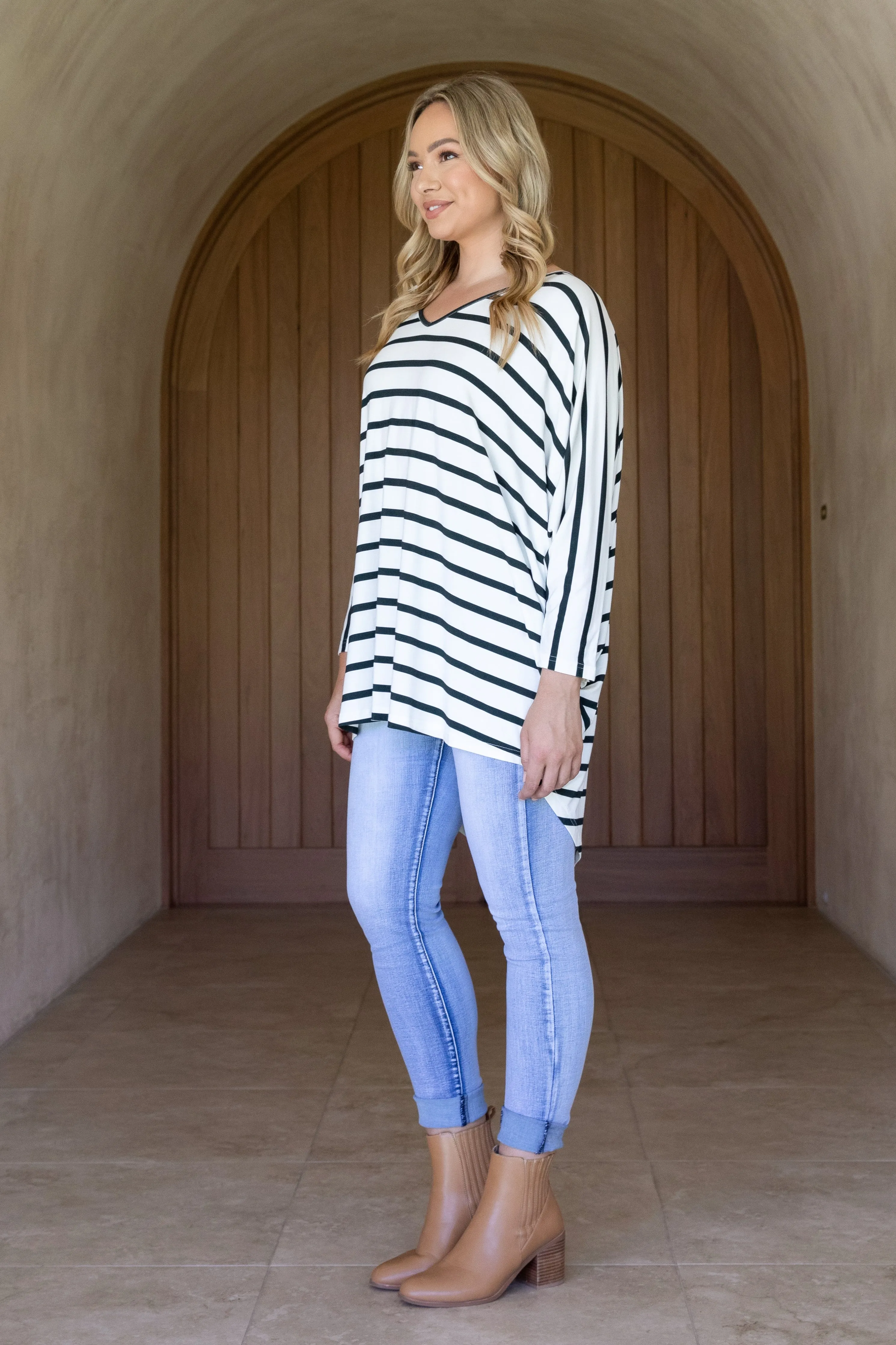 Long Sleeve Hi Low Miracle Top in Pistachio Stripe