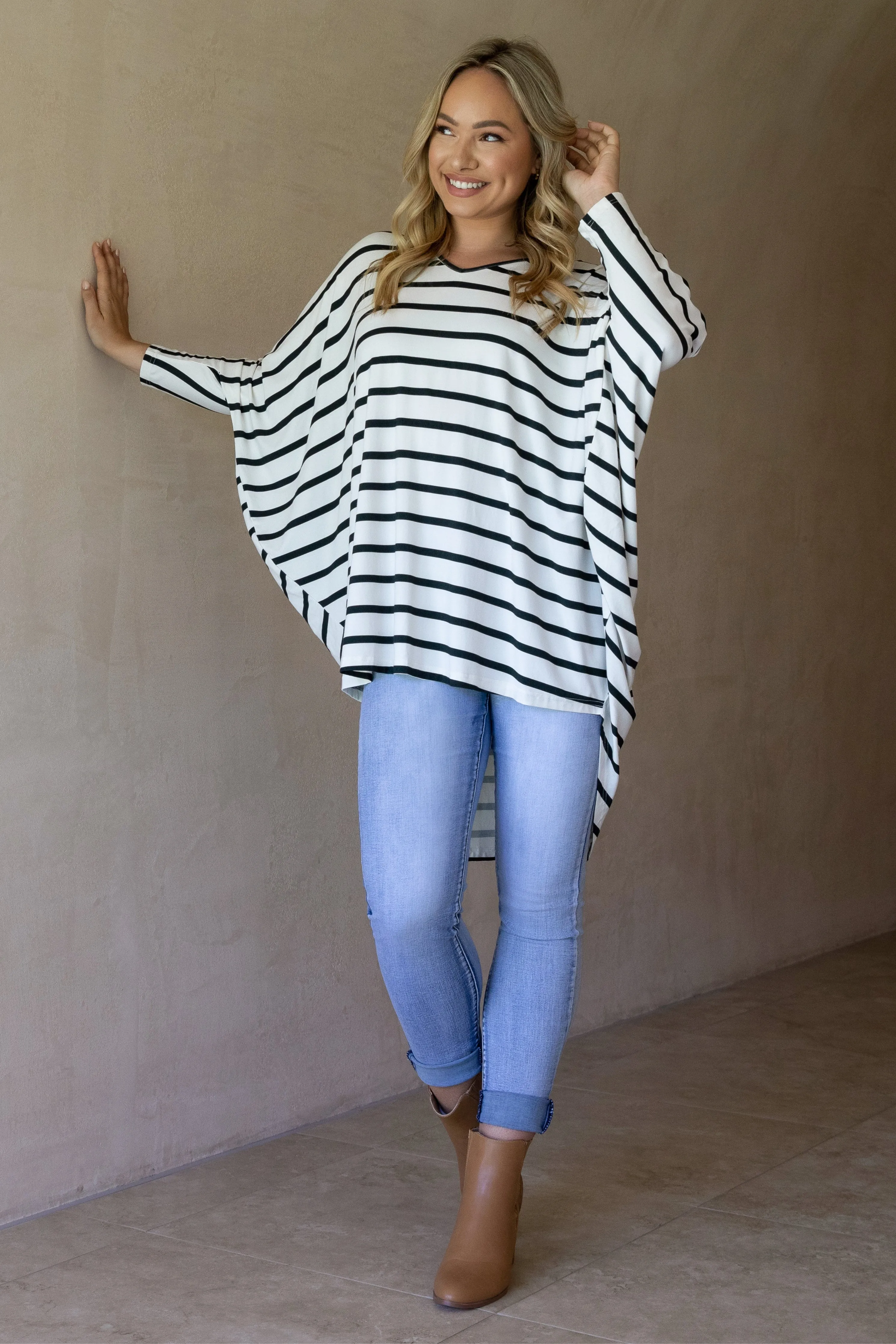 Long Sleeve Hi Low Miracle Top in Pistachio Stripe