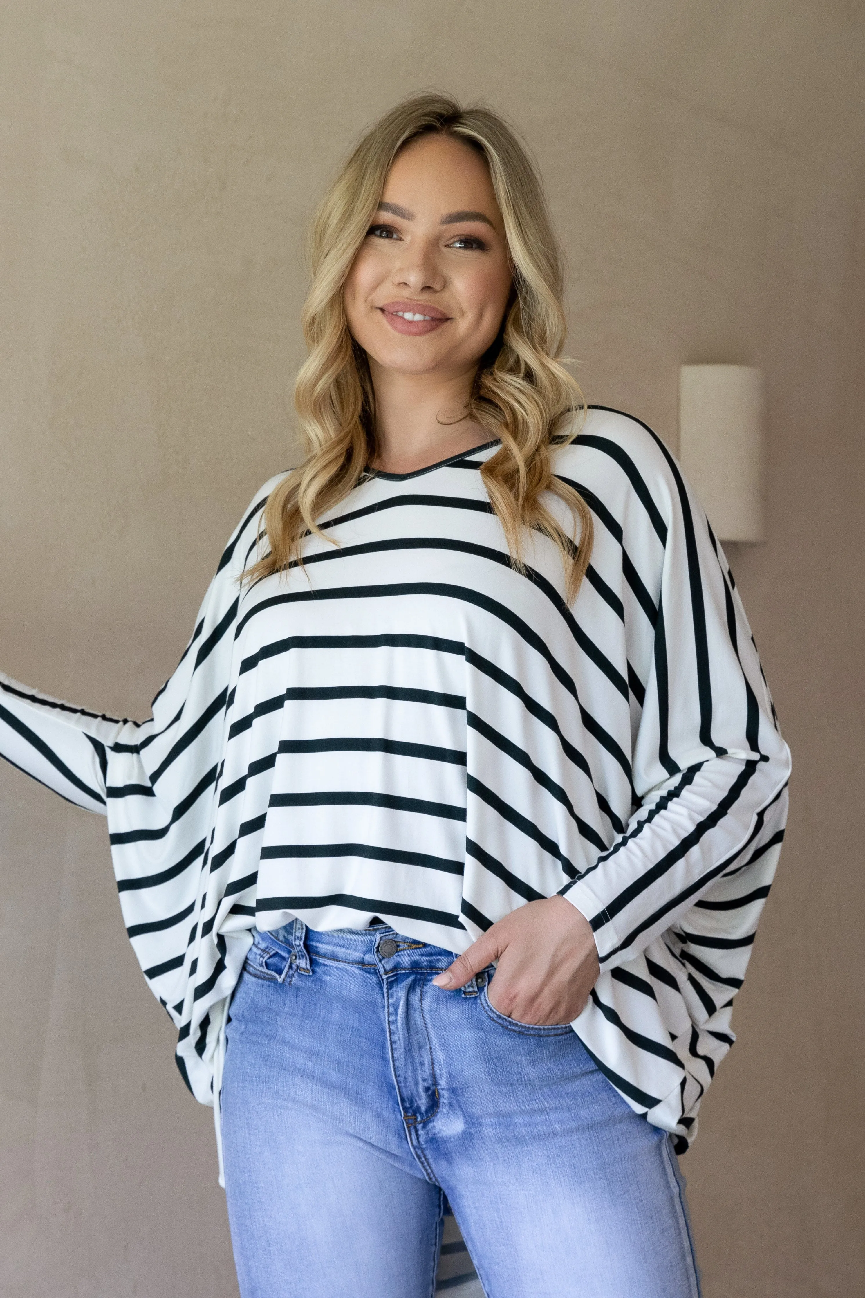 Long Sleeve Hi Low Miracle Top in Pistachio Stripe