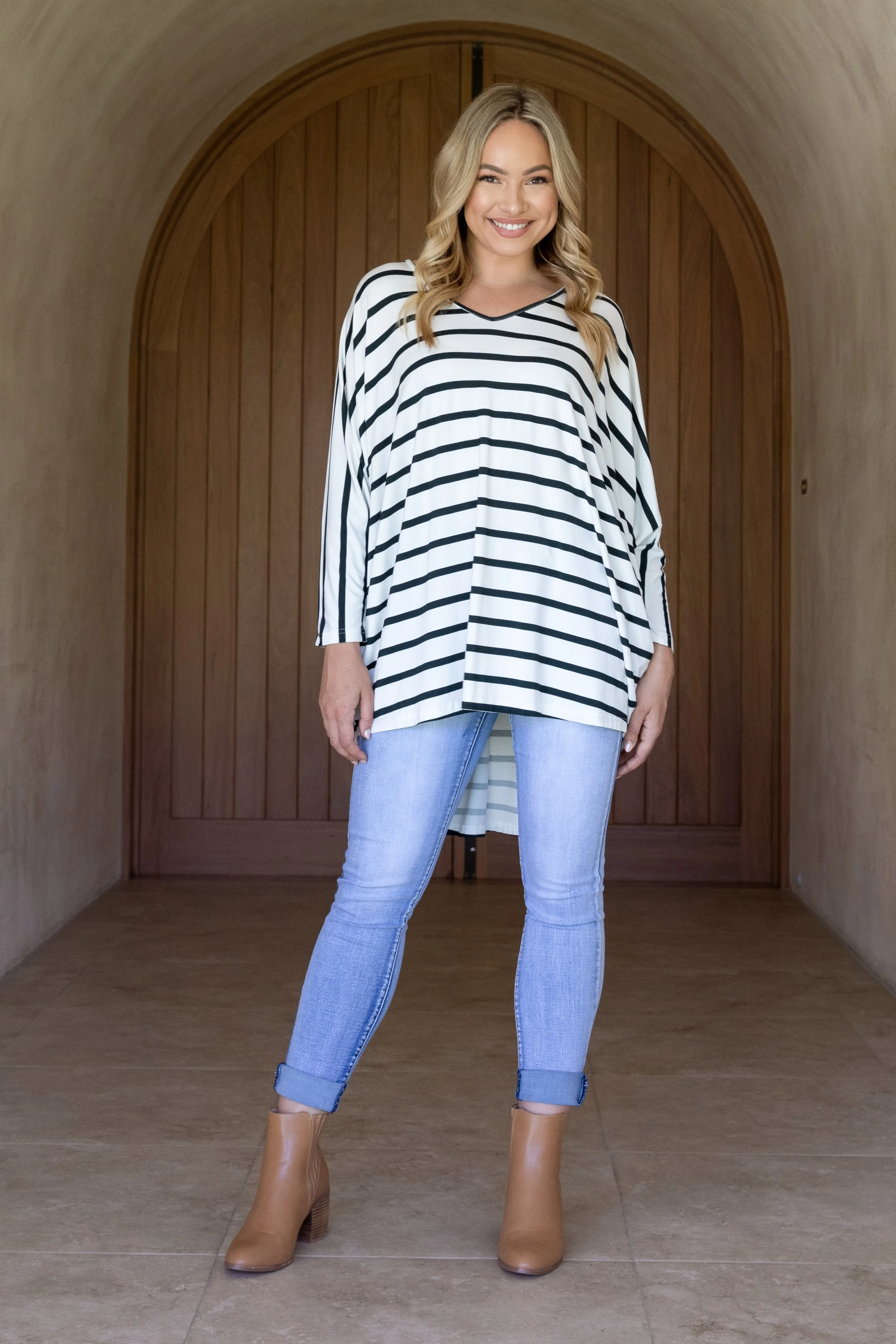 Long Sleeve Hi Low Miracle Top in Pistachio Stripe