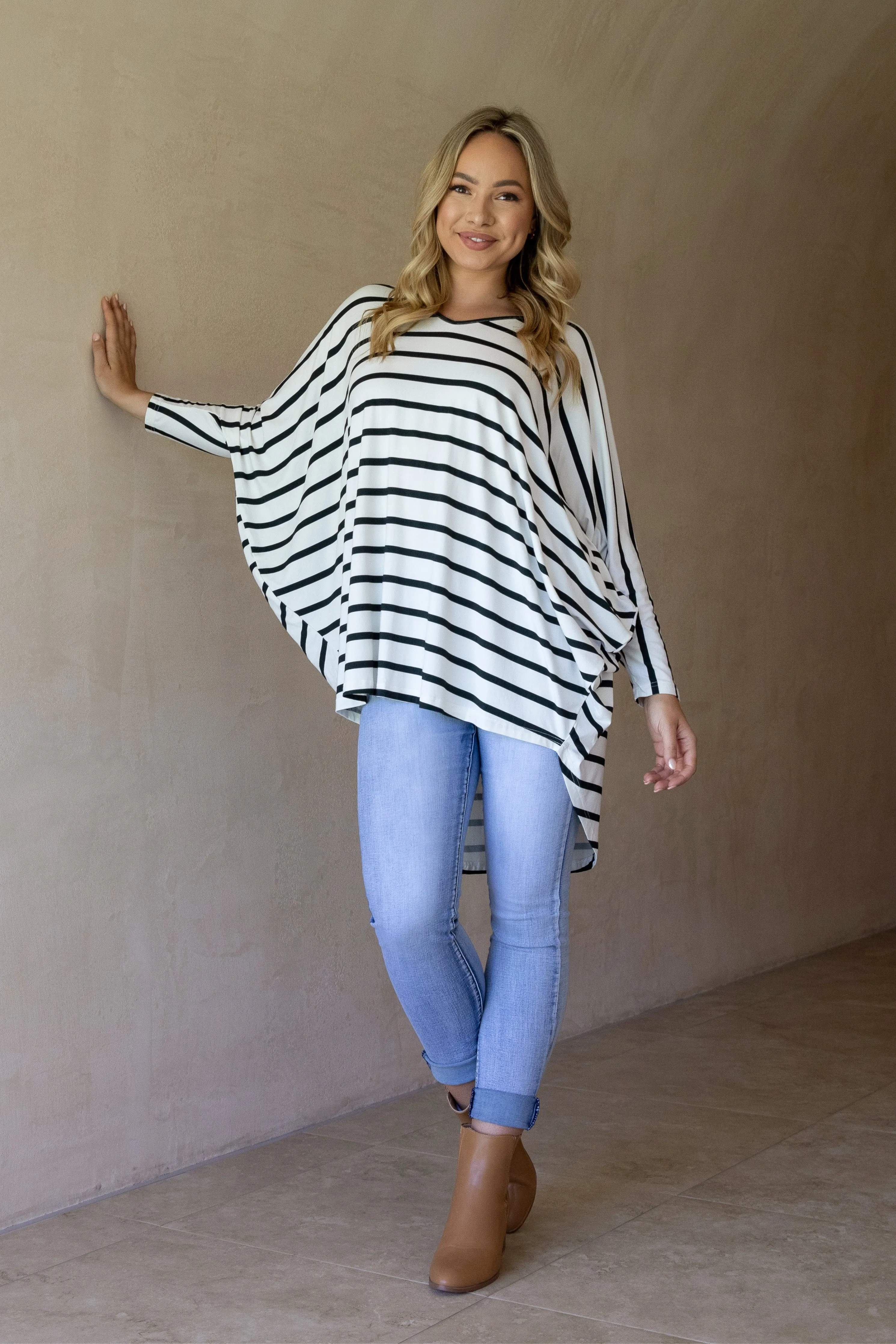 Long Sleeve Hi Low Miracle Top in Pistachio Stripe