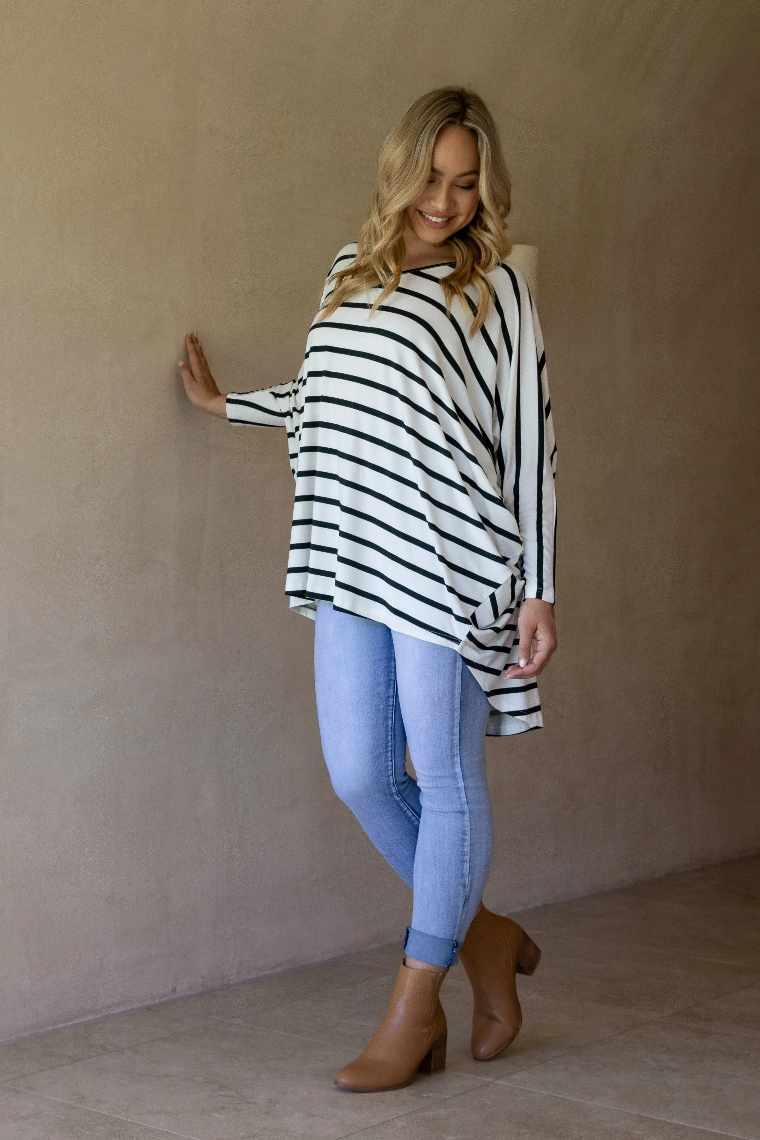 Long Sleeve Hi Low Miracle Top in Pistachio Stripe