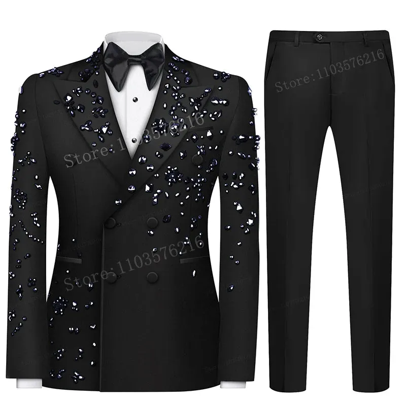 Luxury 2 Pieces Men's Suits Jewel Decoraction Notched Lapel Groom Wedding Blazer Formal Party Prom Suits for Wedding Groom