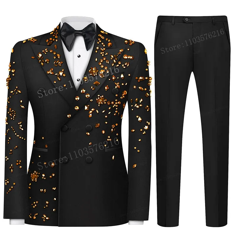 Luxury 2 Pieces Men's Suits Jewel Decoraction Notched Lapel Groom Wedding Blazer Formal Party Prom Suits for Wedding Groom