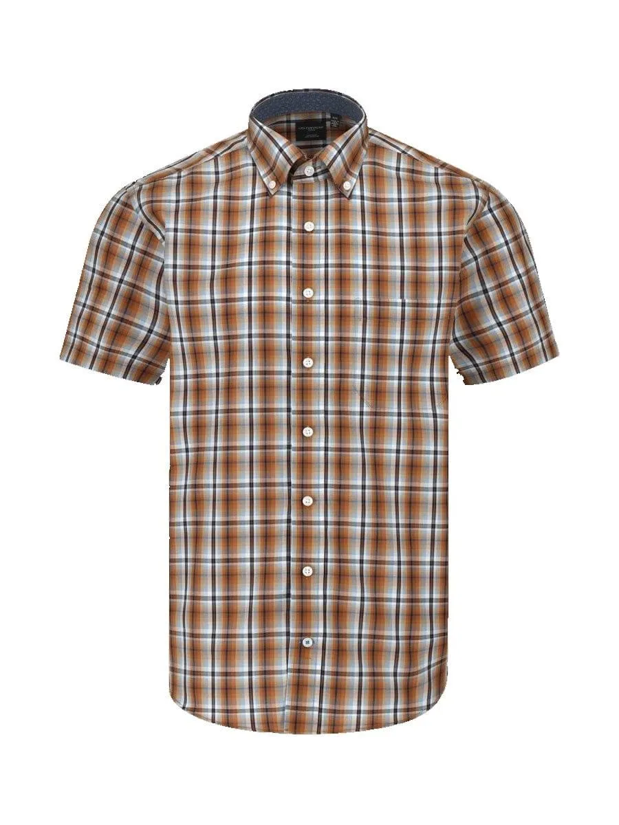 Orange Plaid 100% Cotton Down Collar Short Sleeve Shirts