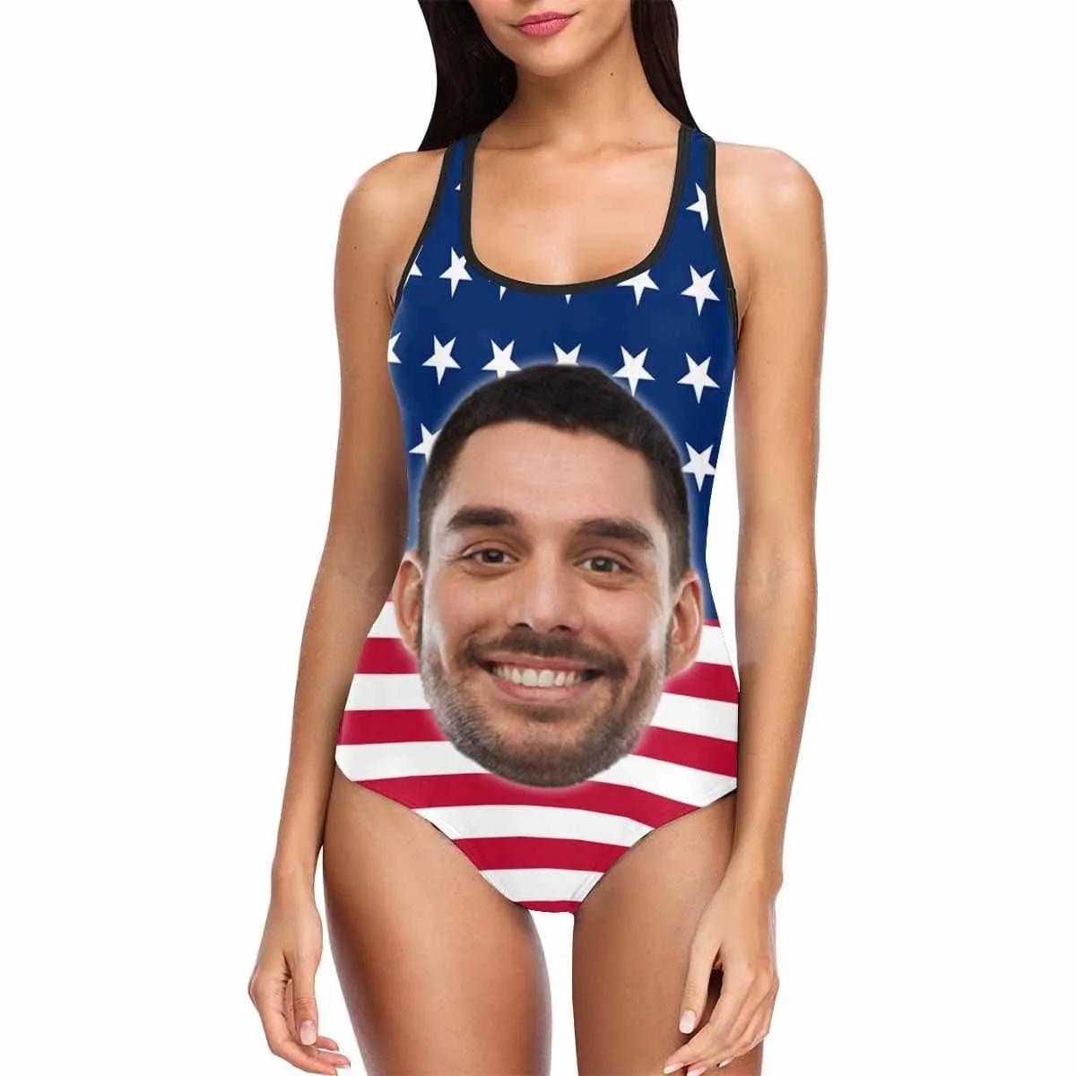 Plus Size Swimsuit #Independence Day #Custom Husband Face American Flag Swimsuit Personalized Tank Top One Piece Bathing Suit Celebrate Holiday Party