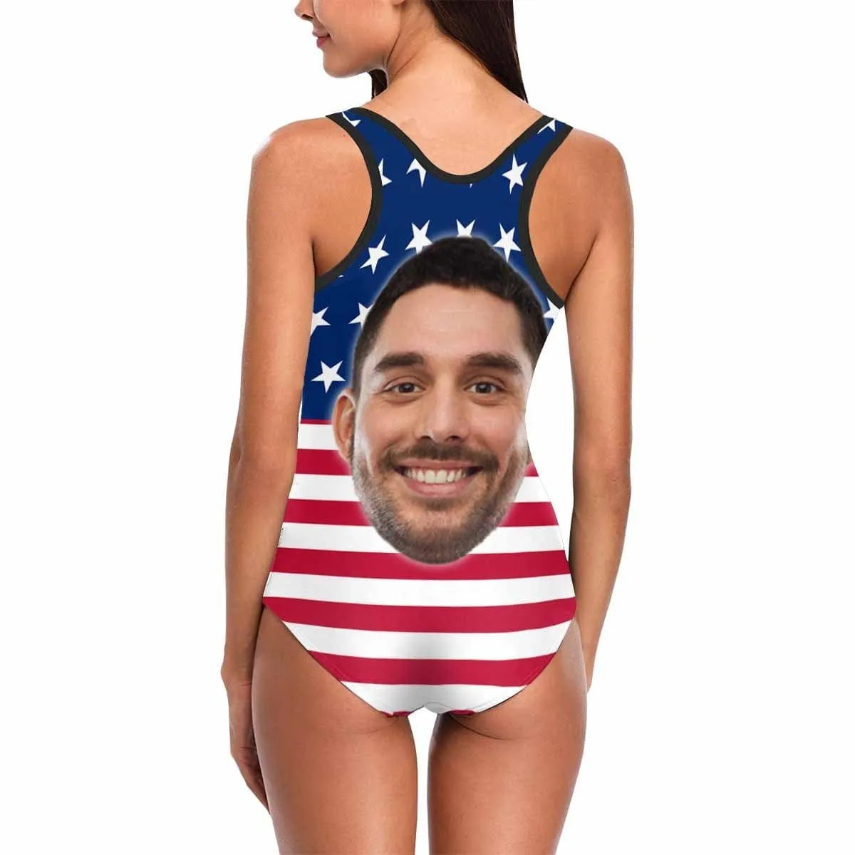 Plus Size Swimsuit #Independence Day #Custom Husband Face American Flag Swimsuit Personalized Tank Top One Piece Bathing Suit Celebrate Holiday Party