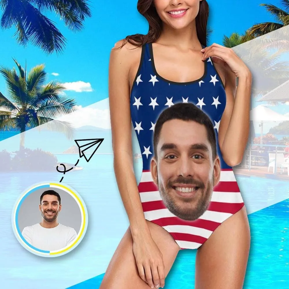 Plus Size Swimsuit #Independence Day #Custom Husband Face American Flag Swimsuit Personalized Tank Top One Piece Bathing Suit Celebrate Holiday Party