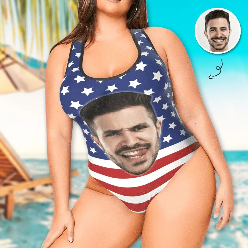 Plus Size Swimsuit #Independence Day #Custom Husband Face American Flag Swimsuit Personalized Tank Top One Piece Bathing Suit Celebrate Holiday Party