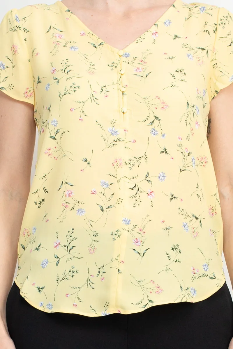 Premise V Neck Short Sleeves Floral Crepe Top