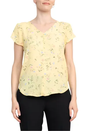 Premise V Neck Short Sleeves Floral Crepe Top