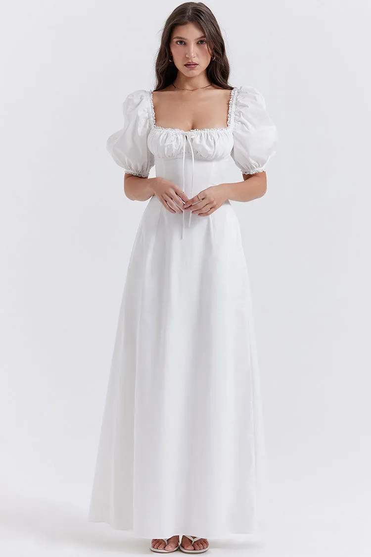 Pretty Tie Neck Puff Sleeve Solid White Puff Sleeve Summer Maxi Sundress - White