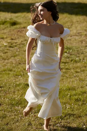 Pretty Tie Neck Puff Sleeve Solid White Puff Sleeve Summer Maxi Sundress - White