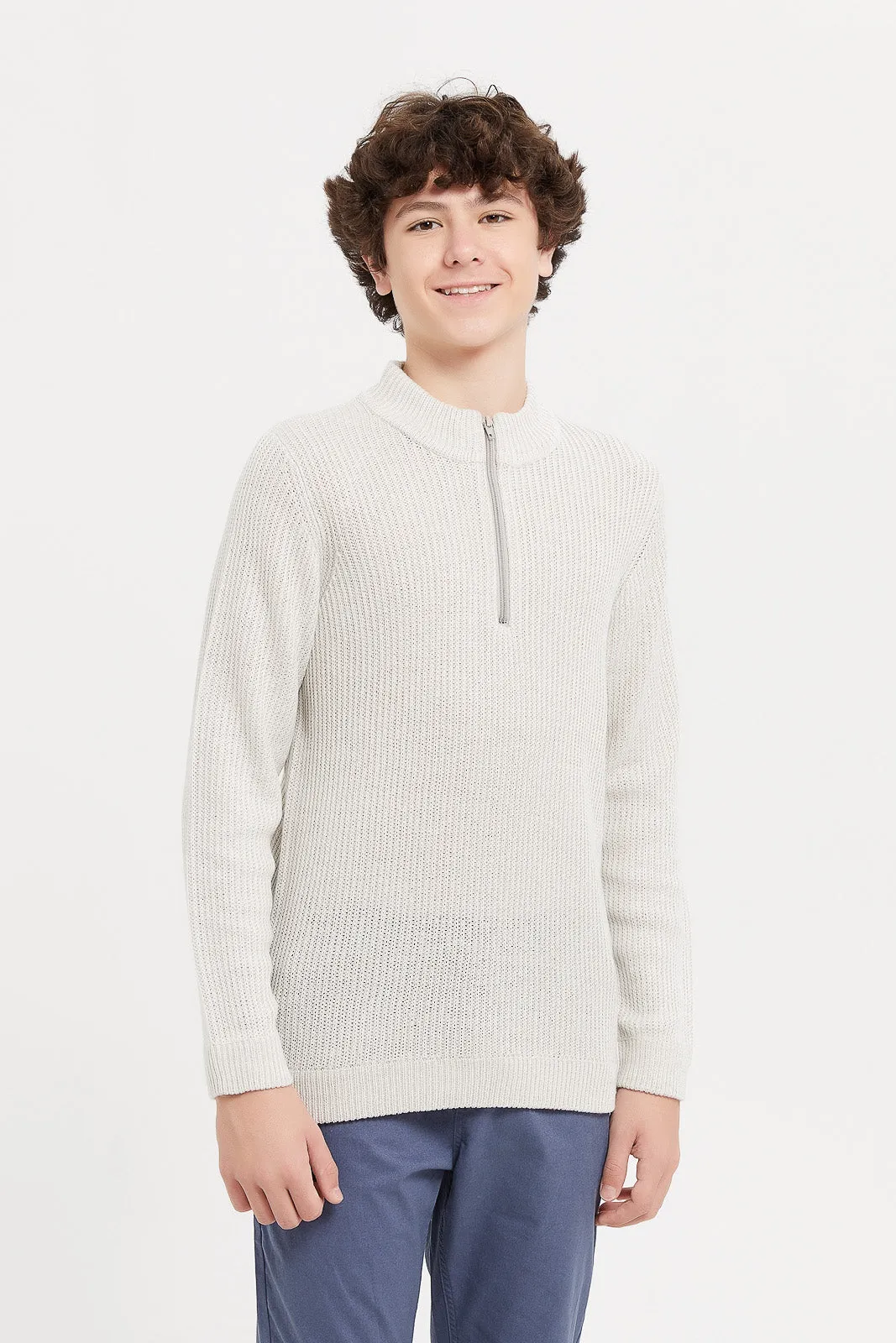 Senior Boys Cream Knitted Zip Neck Pullover