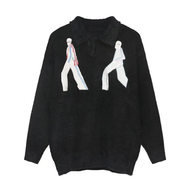 Solid Trendy Contrast Embroidery Sweater