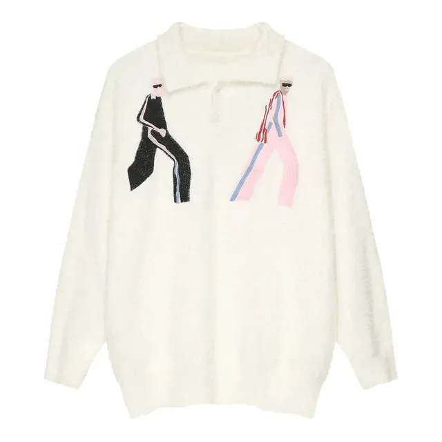 Solid Trendy Contrast Embroidery Sweater