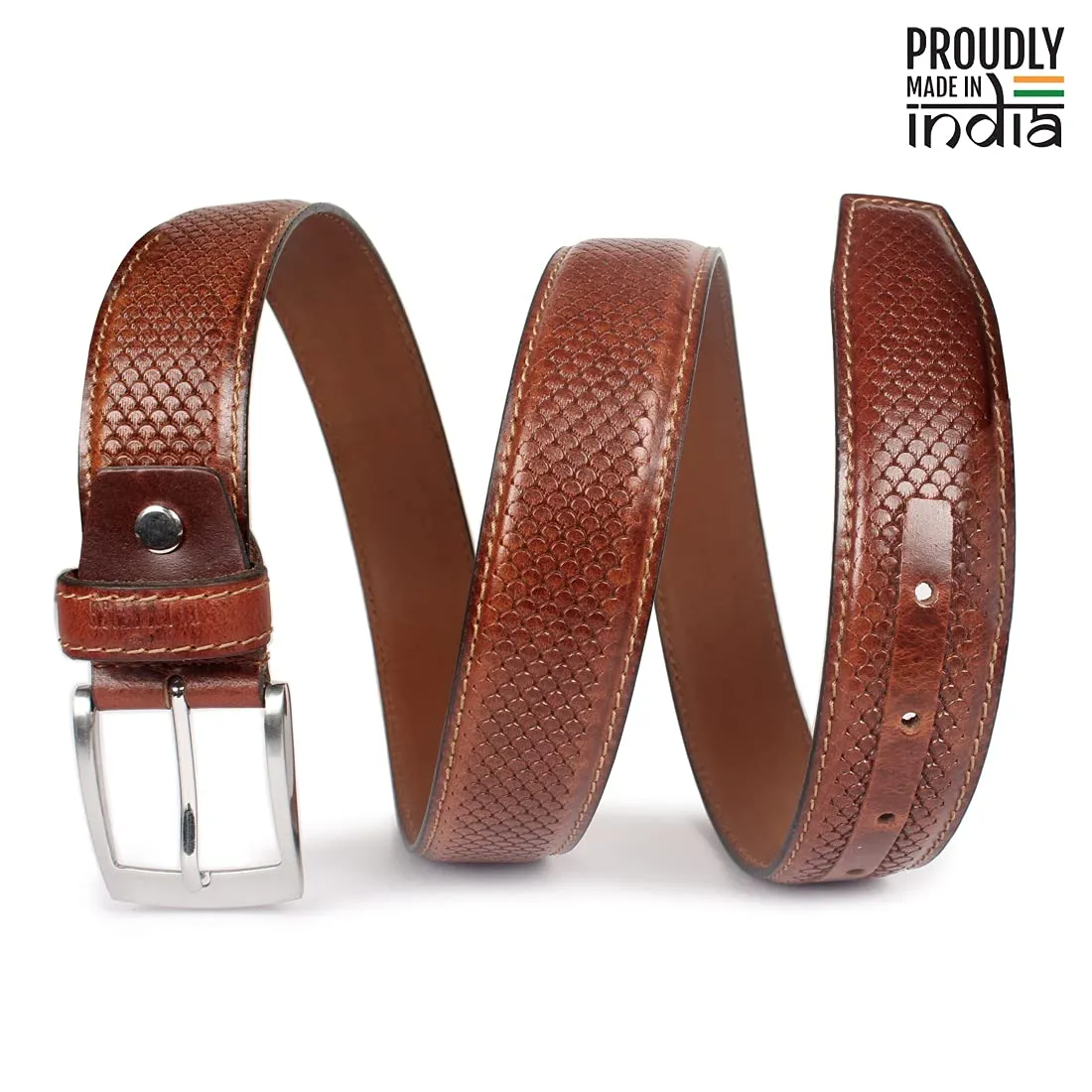 THE CLOWNFISH Men's Genuine Leather Belt with Embossed Design - Sienna Brown (Size - 32 inches)