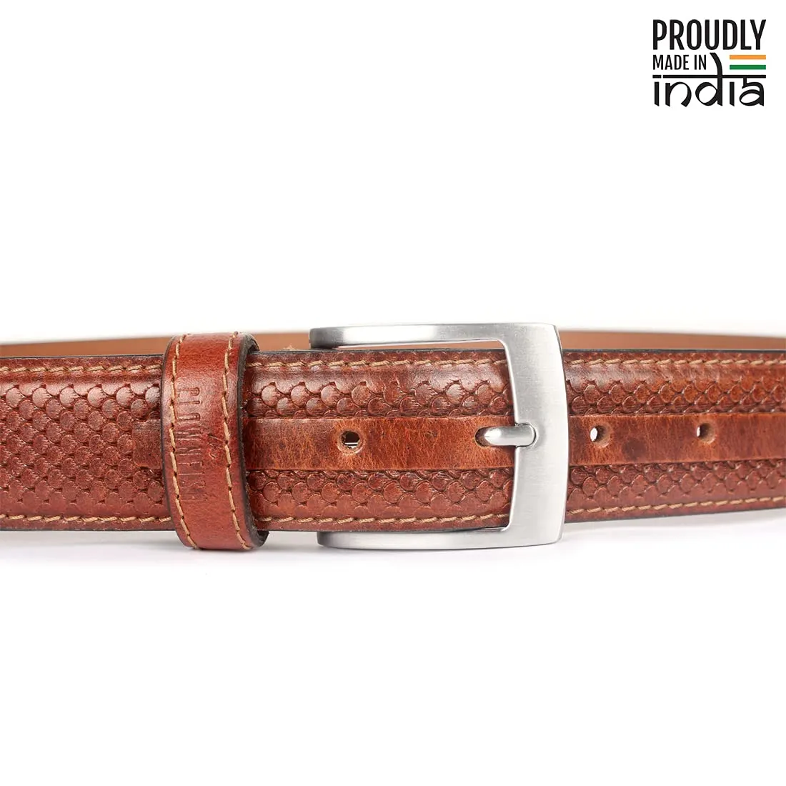 THE CLOWNFISH Men's Genuine Leather Belt with Embossed Design - Sienna Brown (Size - 32 inches)