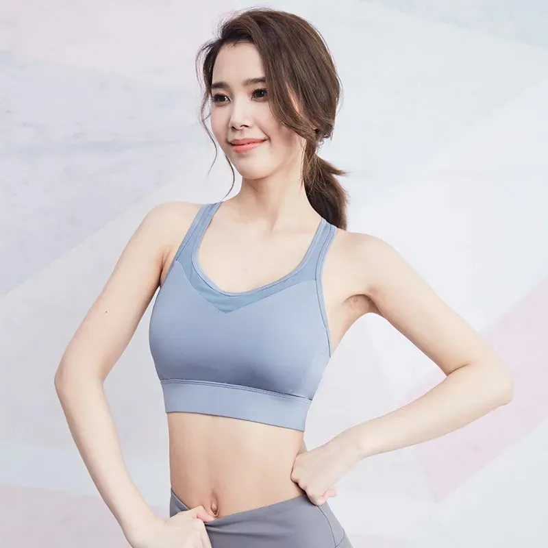 Vansydical Women Mesh V-Neck Yoga Tops Padded Athletic Gym Running Sports Bra