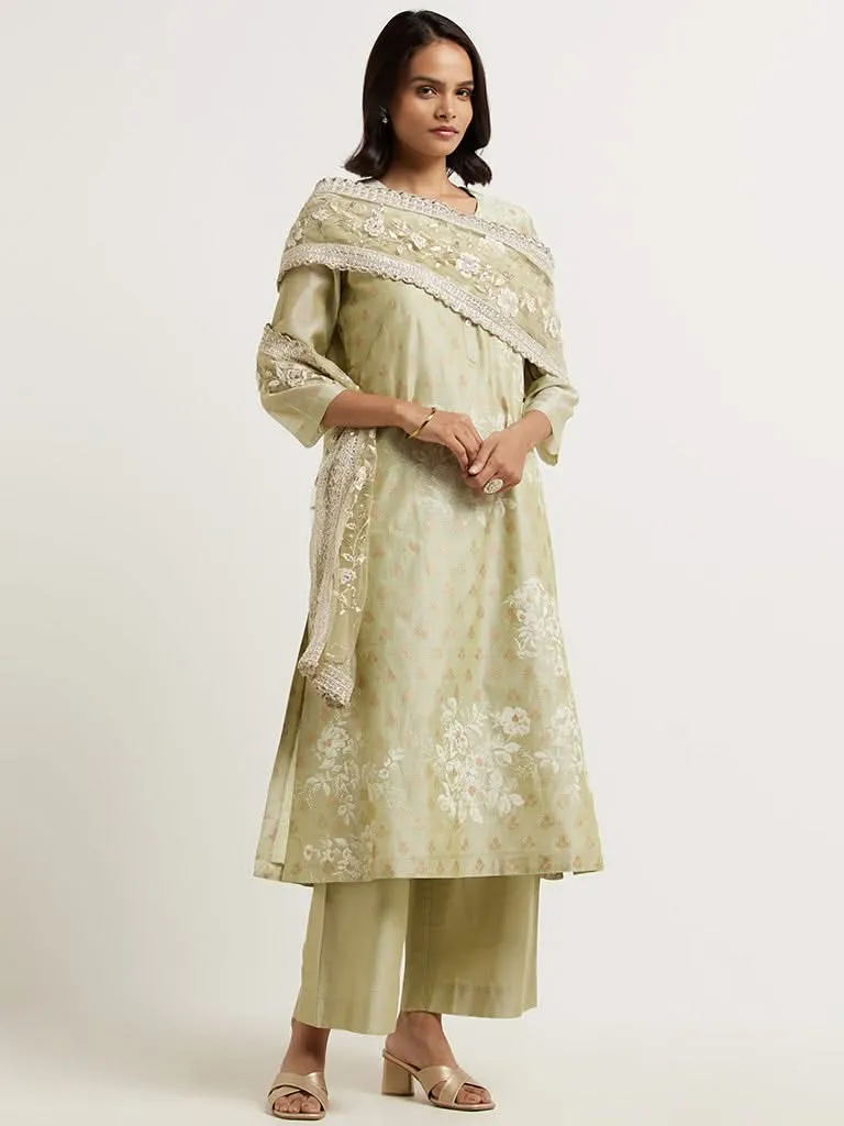 Vark Dull Green Printed Cotton Blend Kurta with Palazzos and Dupatta