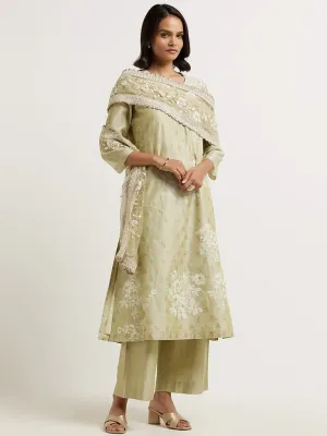 Vark Dull Green Printed Cotton Blend Kurta with Palazzos and Dupatta