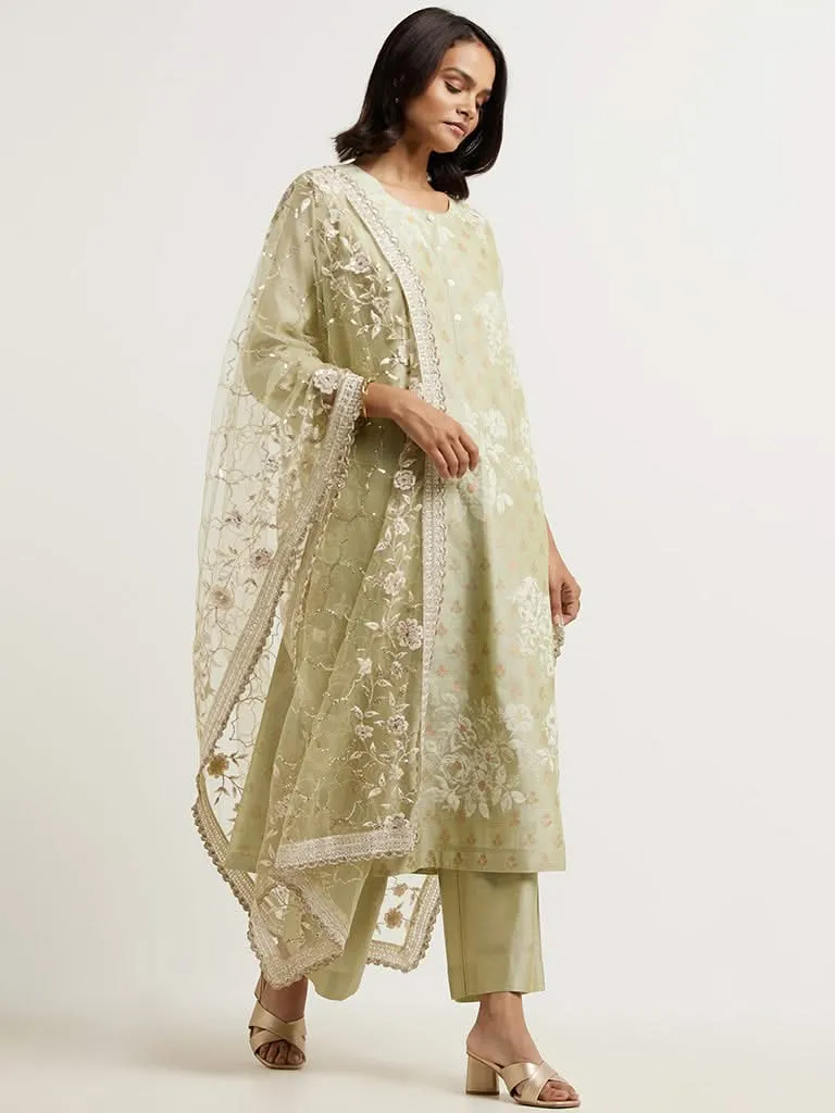 Vark Dull Green Printed Cotton Blend Kurta with Palazzos and Dupatta