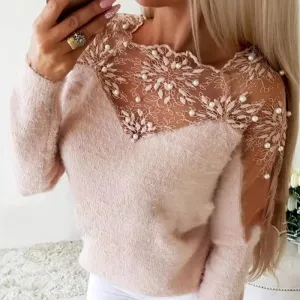 Wenkouban Floral Pattern Stitching Sweater Women's Lace Mesh Slim Knit Warm Long-Sleeved Suit Elegant Winter Vintage Sweater Top