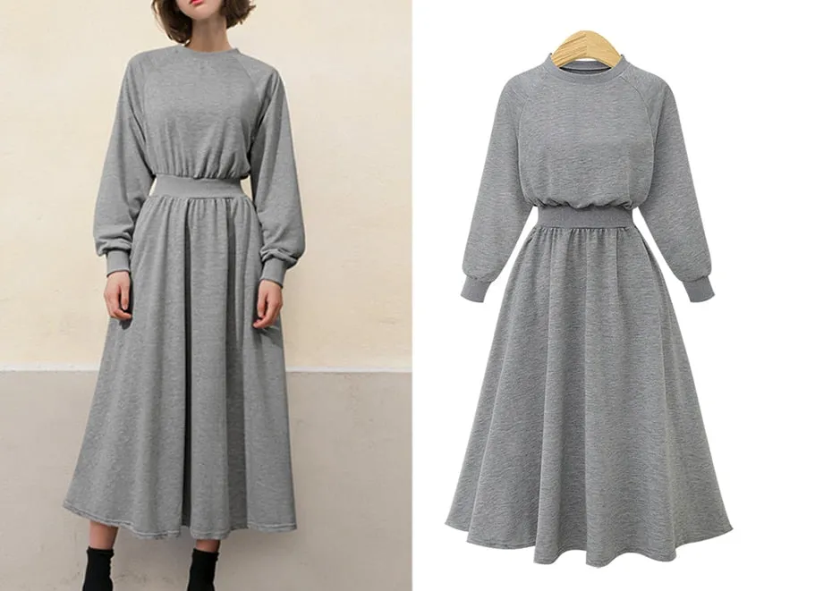 Wenkouban Graduation Gifts L-5XL Big Size Sweatshirts Dress Women Winter Fall Thin Dress Elastic Waist High Waist Solid Black Long Dress Maxi Pull