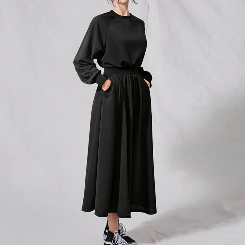 Wenkouban Graduation Gifts L-5XL Big Size Sweatshirts Dress Women Winter Fall Thin Dress Elastic Waist High Waist Solid Black Long Dress Maxi Pull